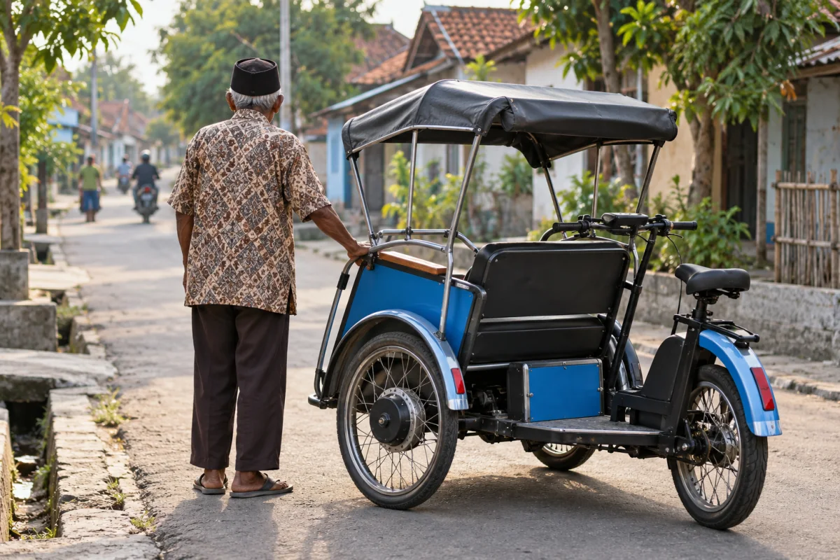 Ilustrasi umum pengayuh becak lanjut usia dan becak listrik; tidak menggambarkan Sugiman.